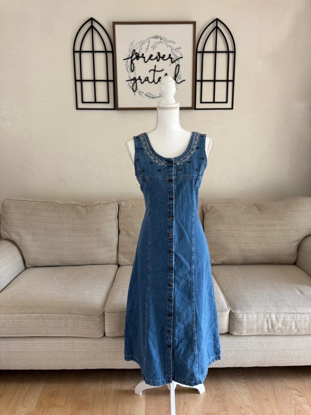 Vintage Christopher & Banks Embroidered Denim Button-Front Midi Dress Size 10